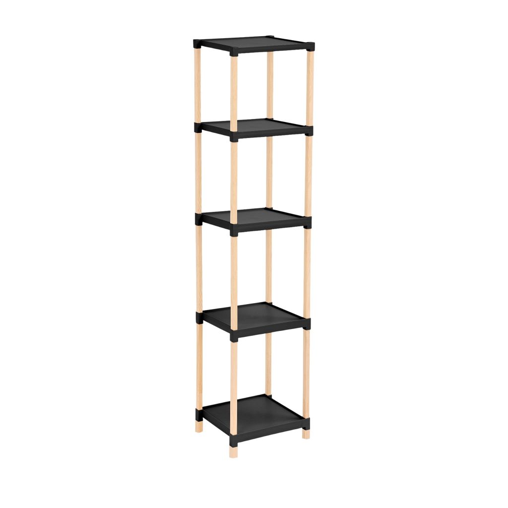 FixWood Houten Modulaire Opbergrek – Massief Hout & Kunststof – Badkamerrek, Keukenrek of Plantenrek – 127 cm Hoog – Zwart/Naturel