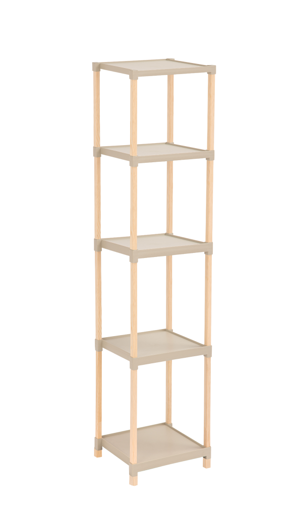 FixWood Houten Modulaire Opbergrek – Massief Hout & Kunststof – Badkamerrek, Keukenrek of Plantenrek – 127 cm Hoog – Beige/Naturel